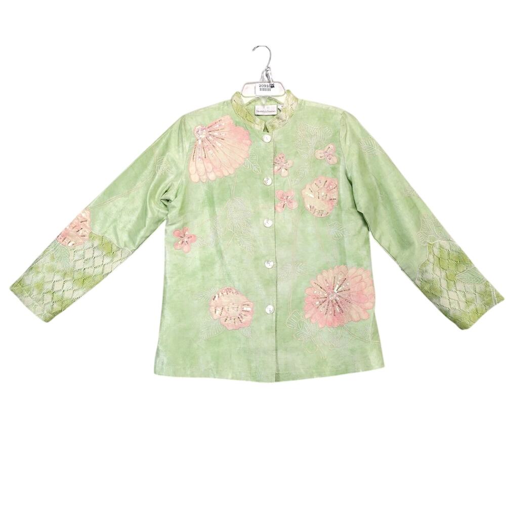 Vintage Draper's & Damon's Green Pink Floral Button Front Shirt Women's M Sequin